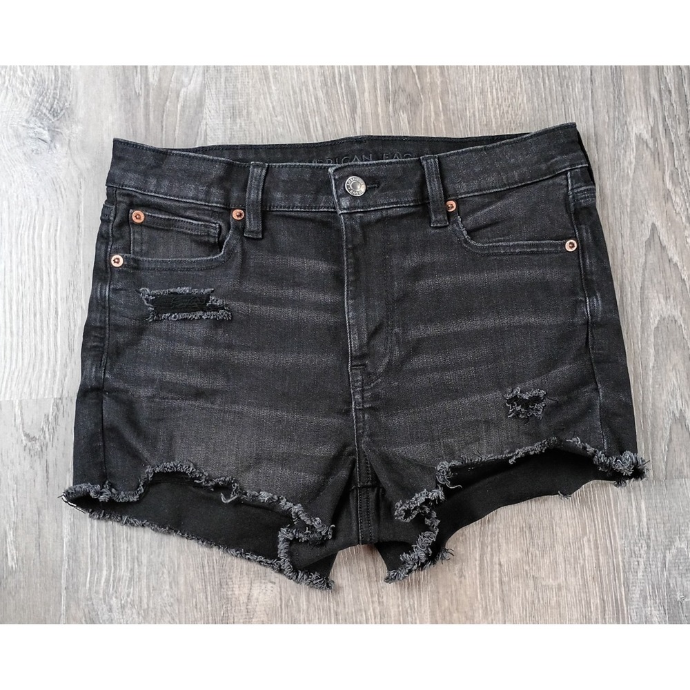 American Eagle Women's 10 Black Denim Cut Off Shorts Next Level Stretch Distress